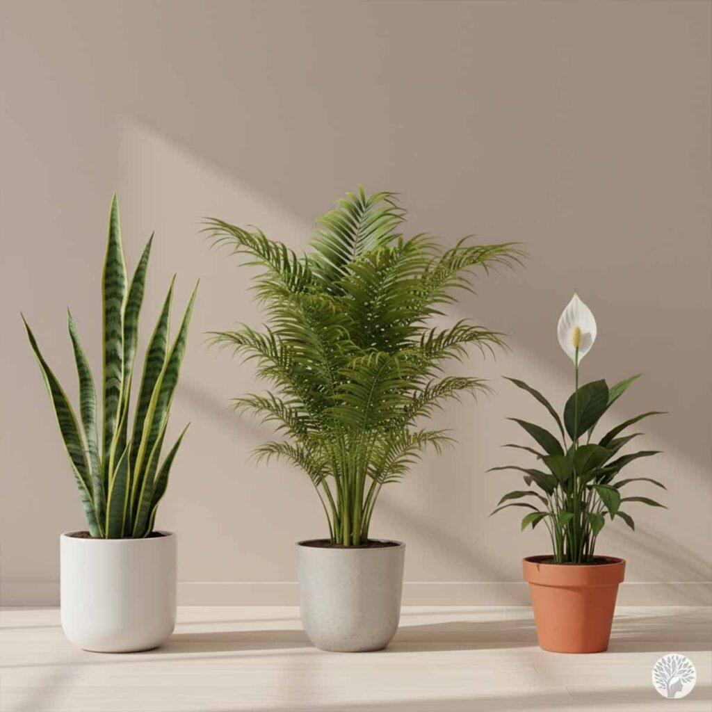 Three potted indoor plants arranged in a row against a neutral beige wall: a tall Snake Plant in a white ceramic pot, a lush Areca Palm in a light gray pot, and a blooming Peace Lily in a classic terracotta pot, all illuminated by soft, natural morning light.