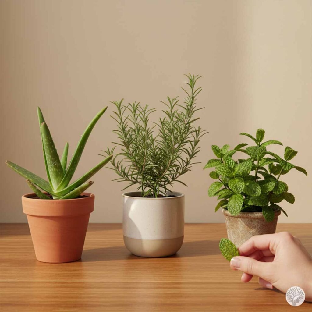 A close-up shot of three small potted plants on a wooden table: an Aloe Vera in a terracotta pot, a rosemary plant in a white and beige ceramic pot, and a mint plant in a weathered stone pot, with a hand gently touching a mint leaf to demonstrate a tactile grounding ritual.