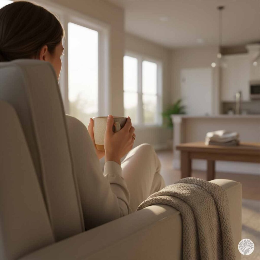 A woman sitting calmly in a minimalist, sunlit living room holding a warm mug with both hands, practicing a morning anchor ritual to ground her nervous system before a busy day.