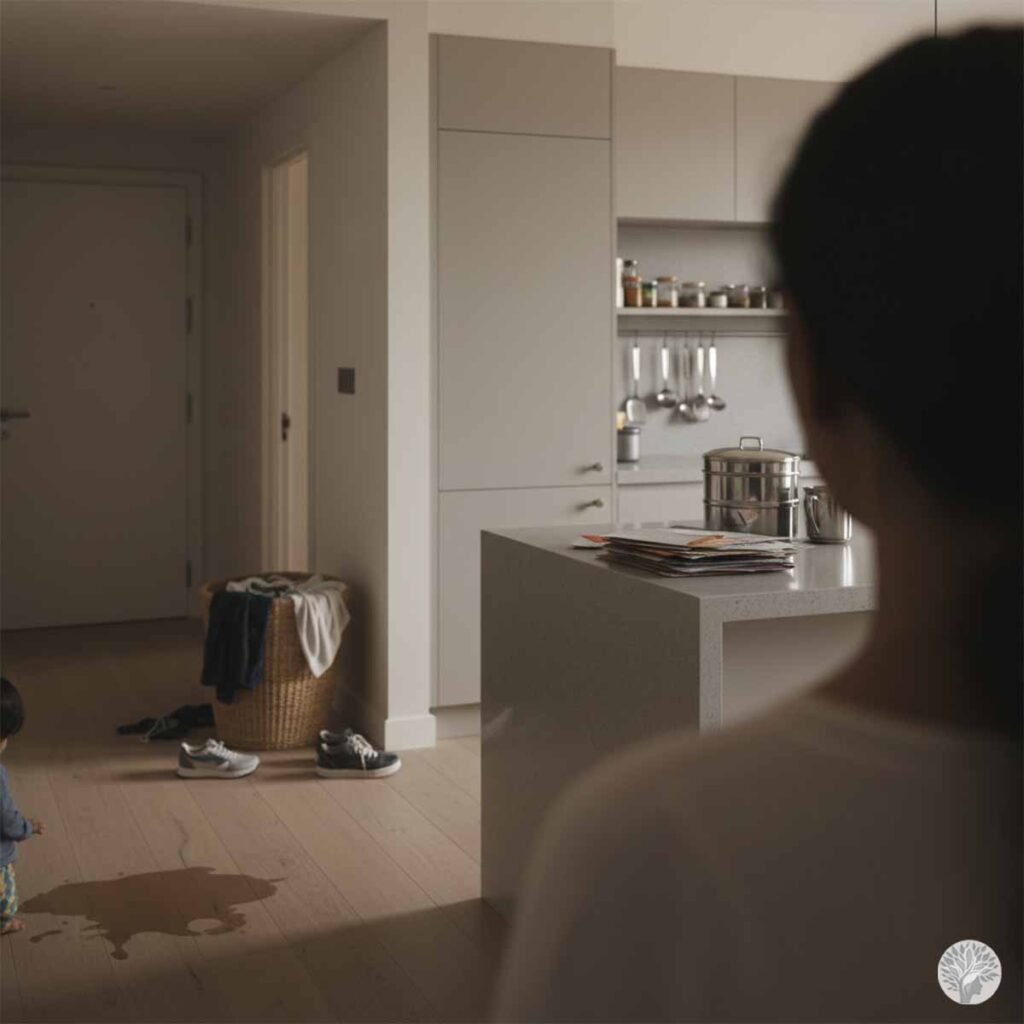 A silhouette of a mother looking at a spilled puddle on the floor in a modern kitchen with a laundry basket and scattered shoes in the background.