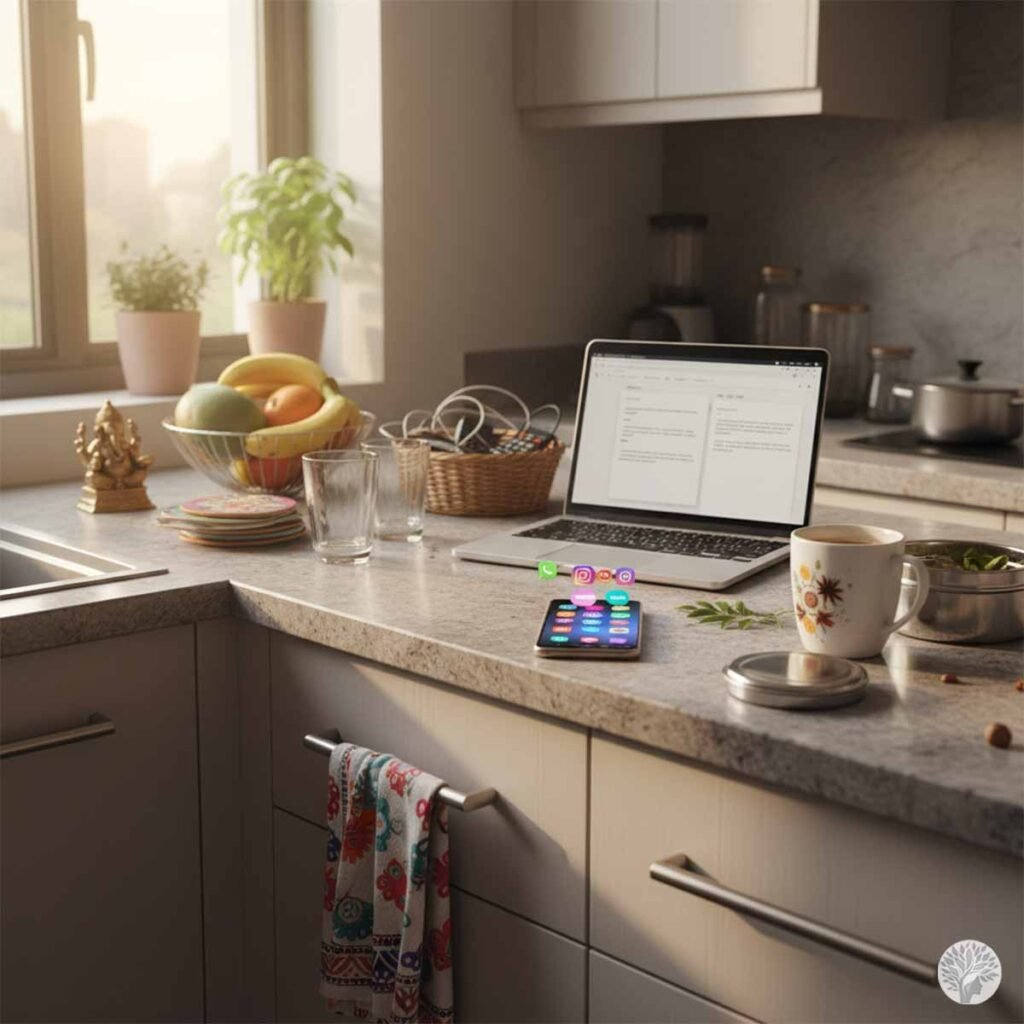 A cluttered kitchen counter with a laptop, glowing smartphone notifications, a basket of tangled chargers, and a warm mug, illustrating busy mom mental overload.