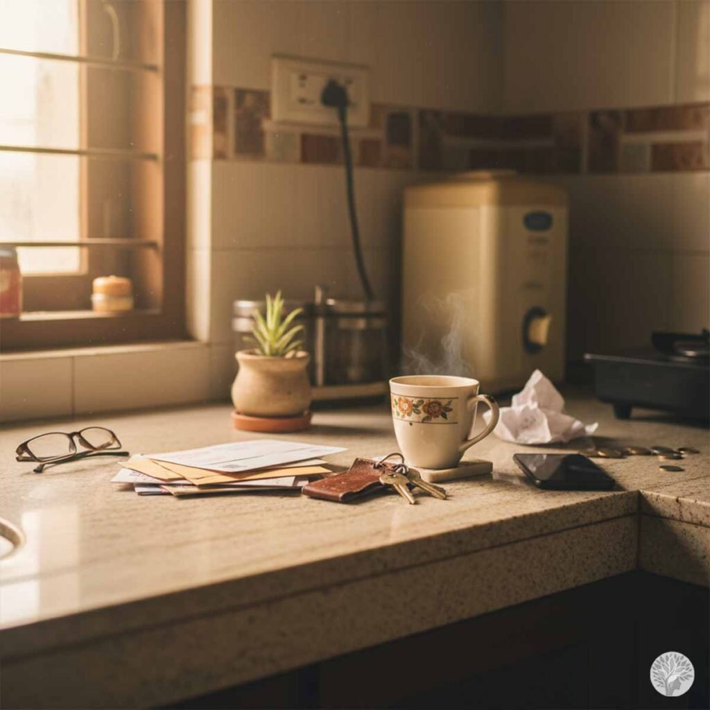 A cluttered kitchen counter in the morning light with mail, keys, eyeglasses, a smartphone, and a crumpled napkin surrounding a floral tea mug.