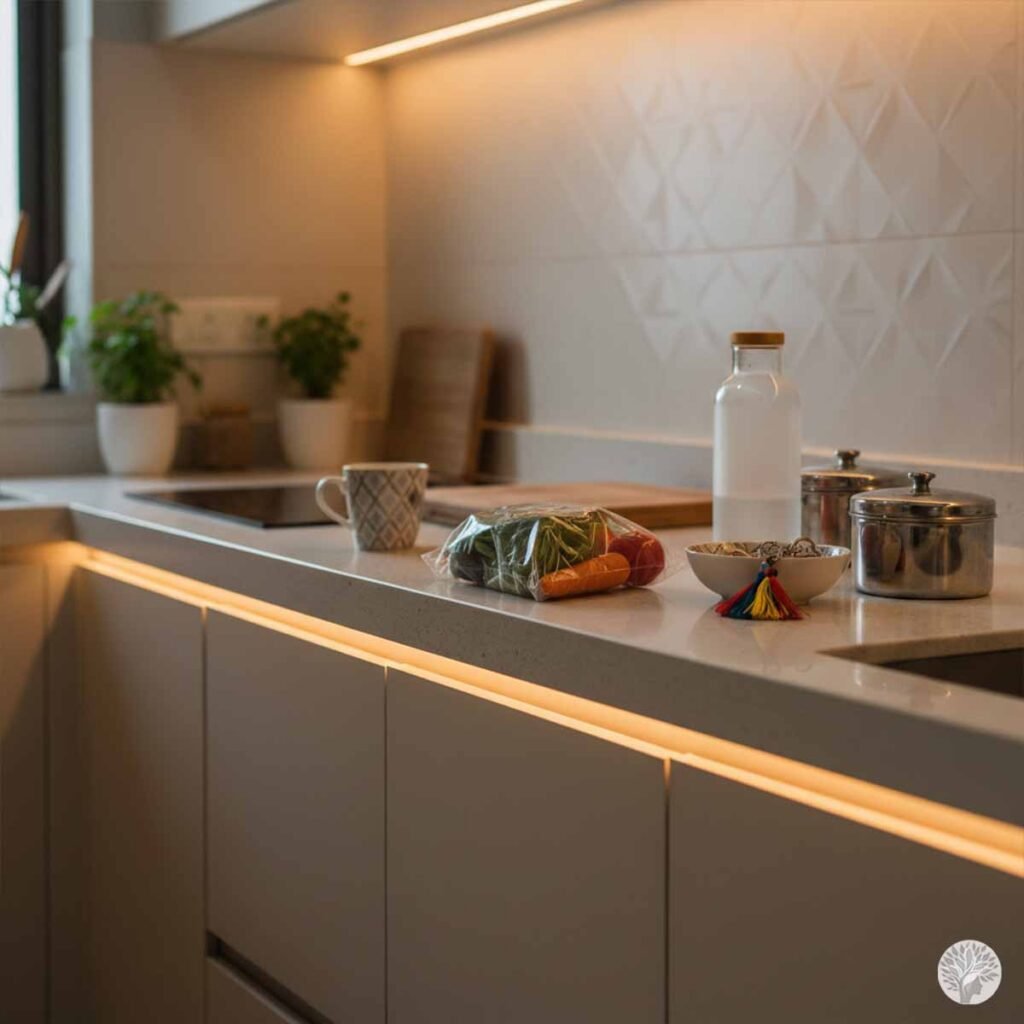 A minimalist kitchen counter with warm under-cabinet lighting featuring a mug, a small bowl, and a clear bag of prepped vegetables ready for a simple meal.