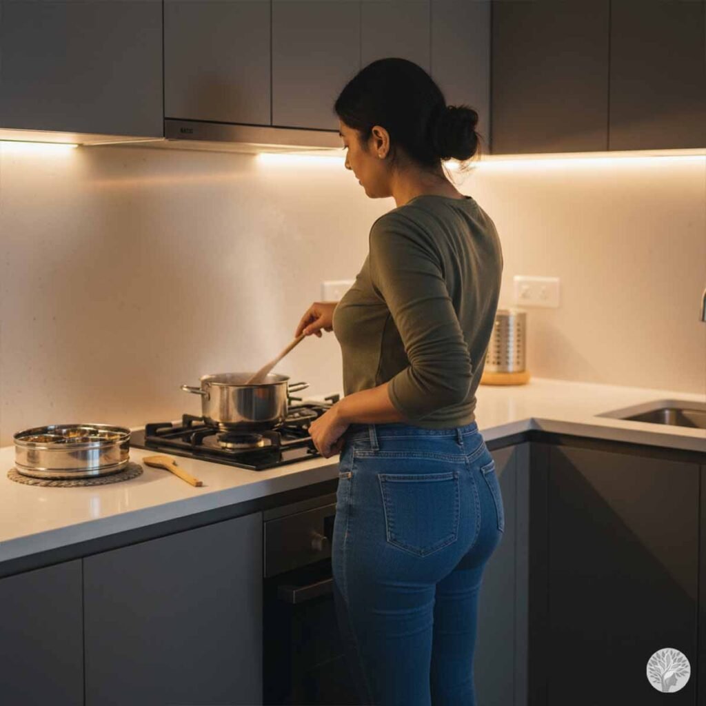 A woman from a back-side profile view with a messy bun is standing in a minimalist modern kitchen wearing comfortable casual clothing in an olive green long sleeve shirt and blue jeans while stirring a pot on the gas stove.
