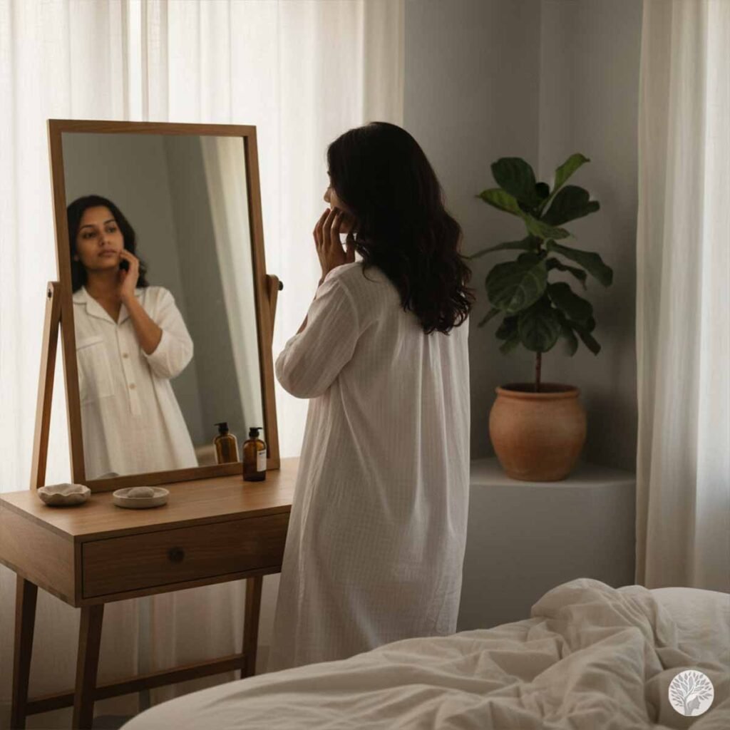 A woman in a soft linen robe stands before a wooden mirror and a sunlit dresser, looking at her reflection without judgment and touching her face gently as she begins a mindful skincare ritual to ground her nervous system.