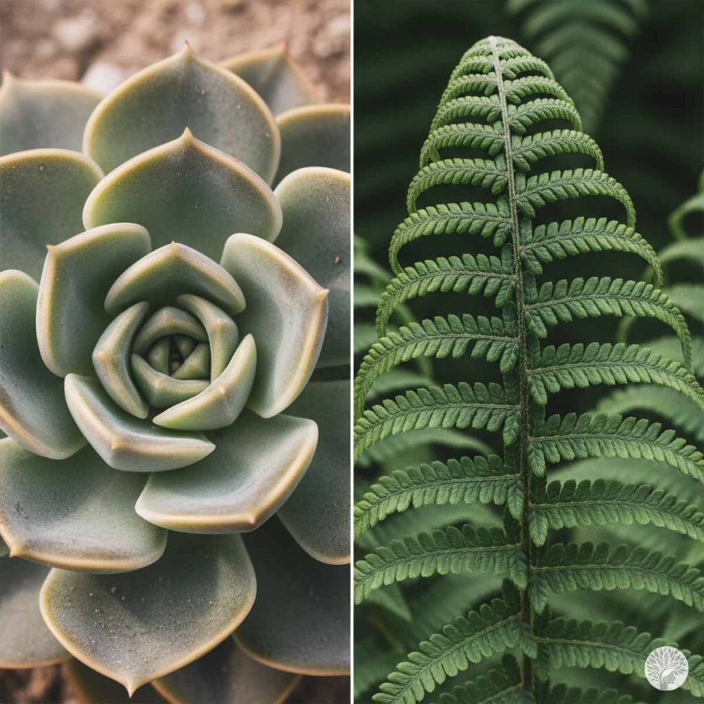 A macro photograph with two panels comparing natural fractal patterns: on the left, the repeating spiral structure of a pale green succulent (Echeveria); on the right, the detailed, self-similar leaflets of a lush green fern frond.