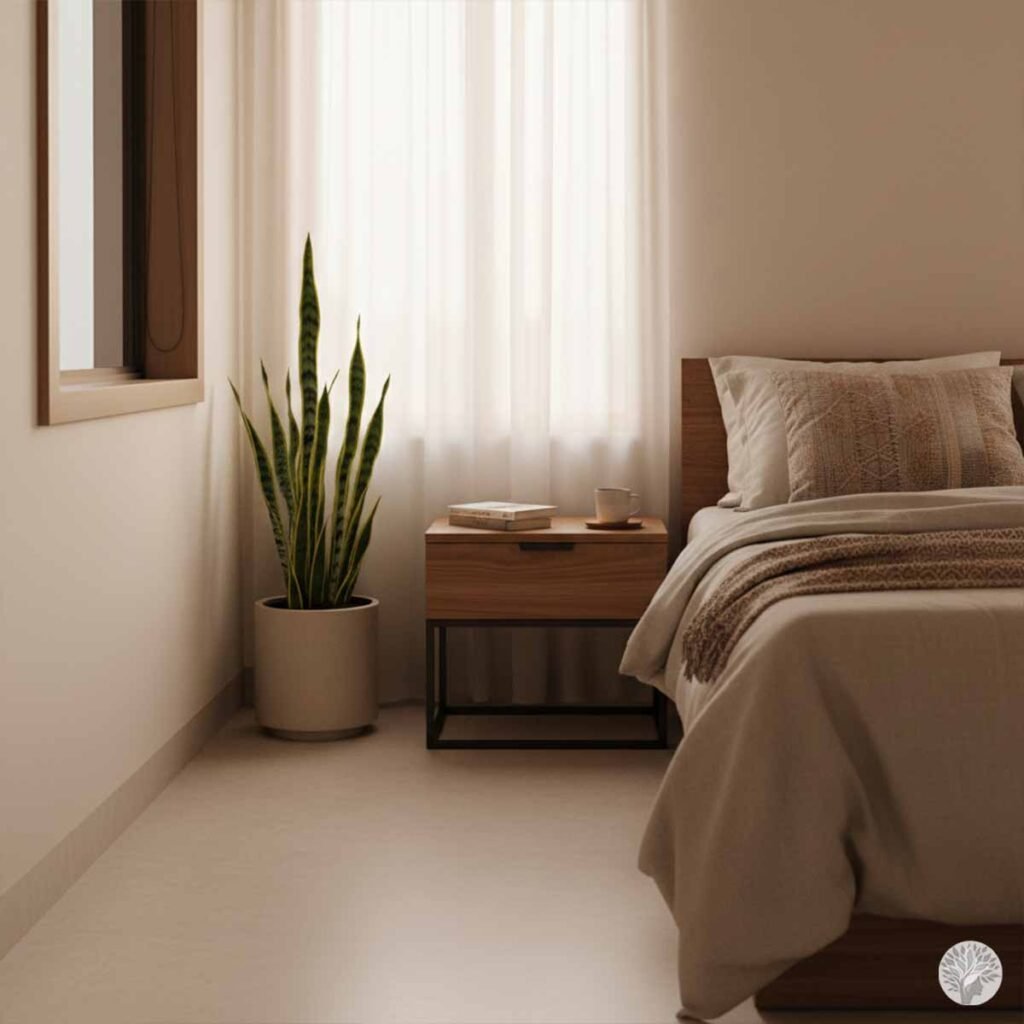 A tall Snake Plant in a white ceramic pot placed in a minimalist, sunlit bedroom next to a wooden nightstand and cozy bed, illustrating mindful indoor gardening.