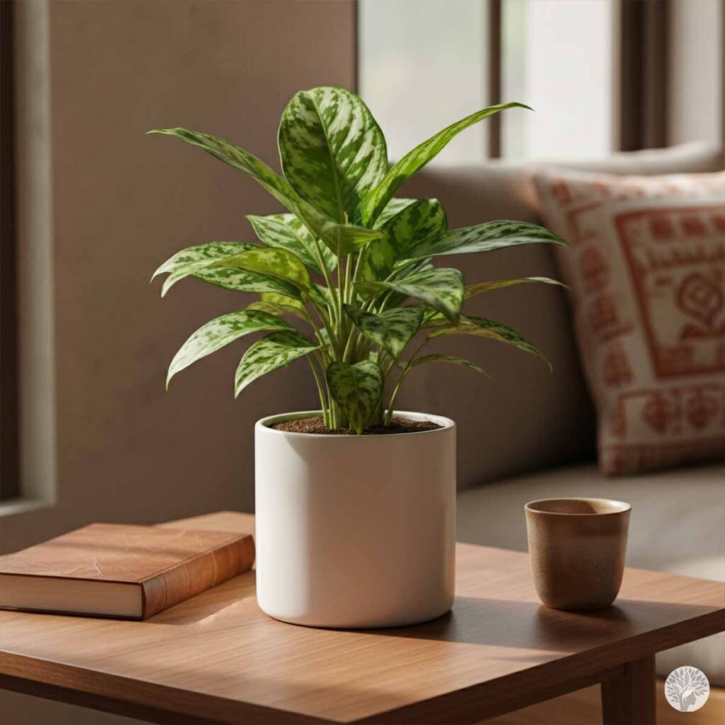 A patterned Chinese Evergreen plant in a white cylindrical pot, sitting on a wooden side table next to a book and a ceramic cup in a warm, mindful living room.