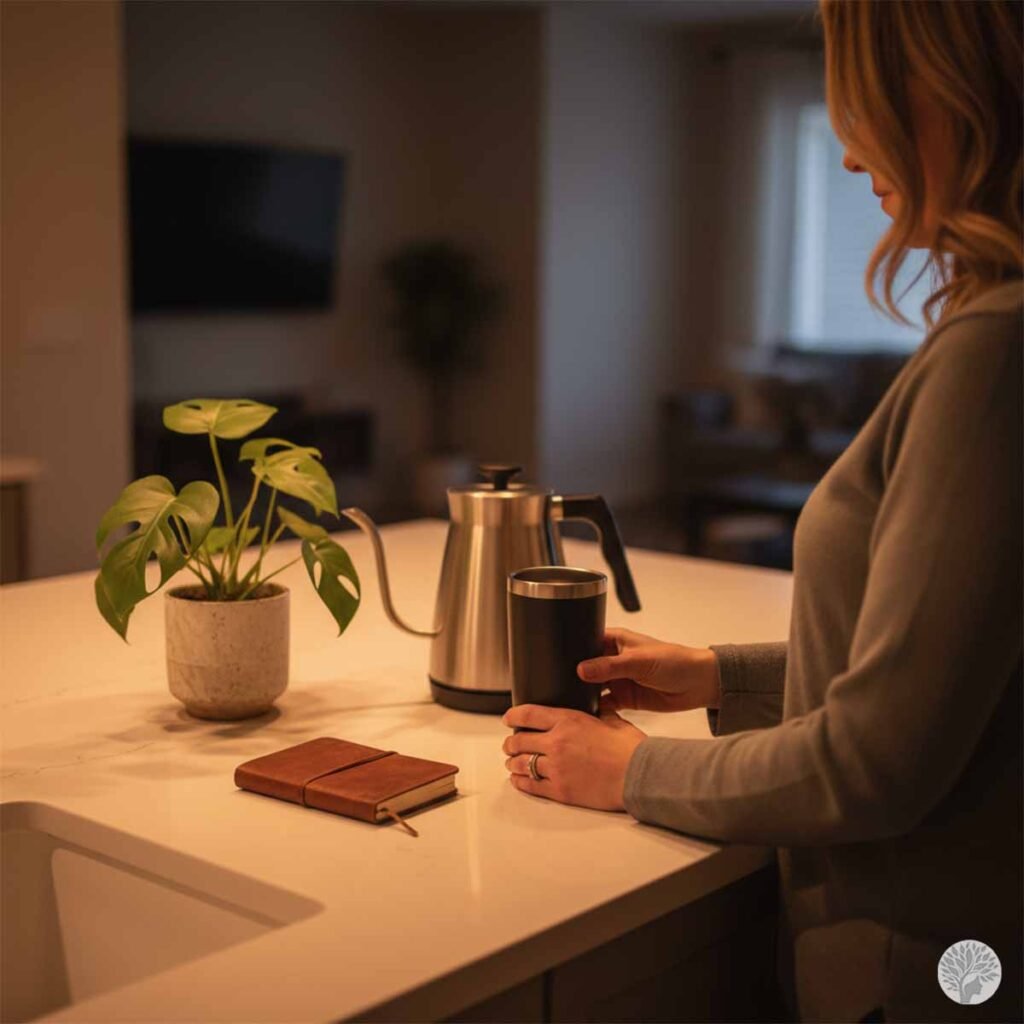 A woman setting up a clean kitchen counter at night with a stainless steel kettle, a small potted monstera plant, a leather journal, and an insulated stainless steel tumbler for her morning anchor ritual.