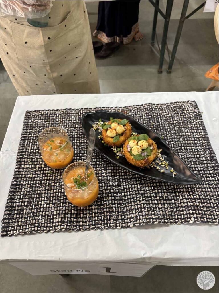 Crispy Nest Potato Chaat featuring golden potato baskets and Sattu Summer Drink served on a handwoven mat at a mindful cooking contest.
