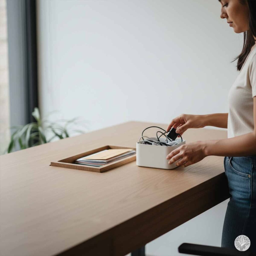 A woman using a catch-all tray and box to clear chargers and mail from a minimalist wooden table to reduce overstimulation.