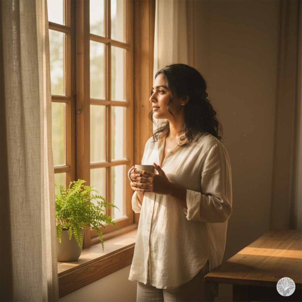 A woman standing by a large wooden window in a minimalist home, holding a warm mug with both hands and looking out at the morning sunlight next to a green plant.