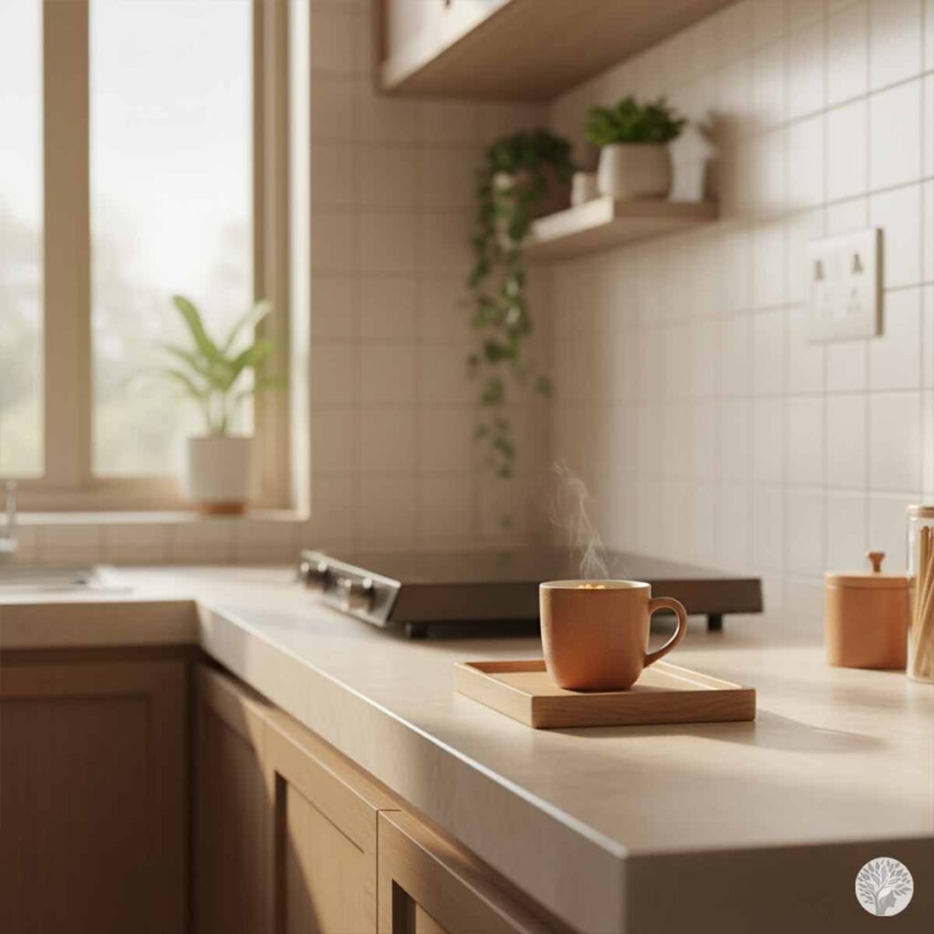A single terracotta ceramic mug on a minimalist wooden tray, sitting on a clear kitchen counter with steaming tea and soft morning light.