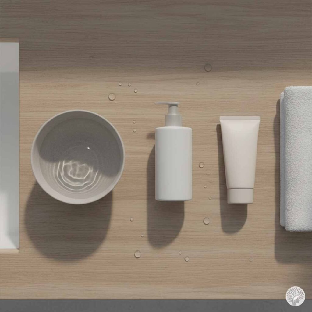 A minimalist top-down view of a wooden bathroom counter featuring a bowl of clear water, a simple white pump bottle, a neutral cream tube, and a soft white towel, representing a simple skincare routine for busy moms.