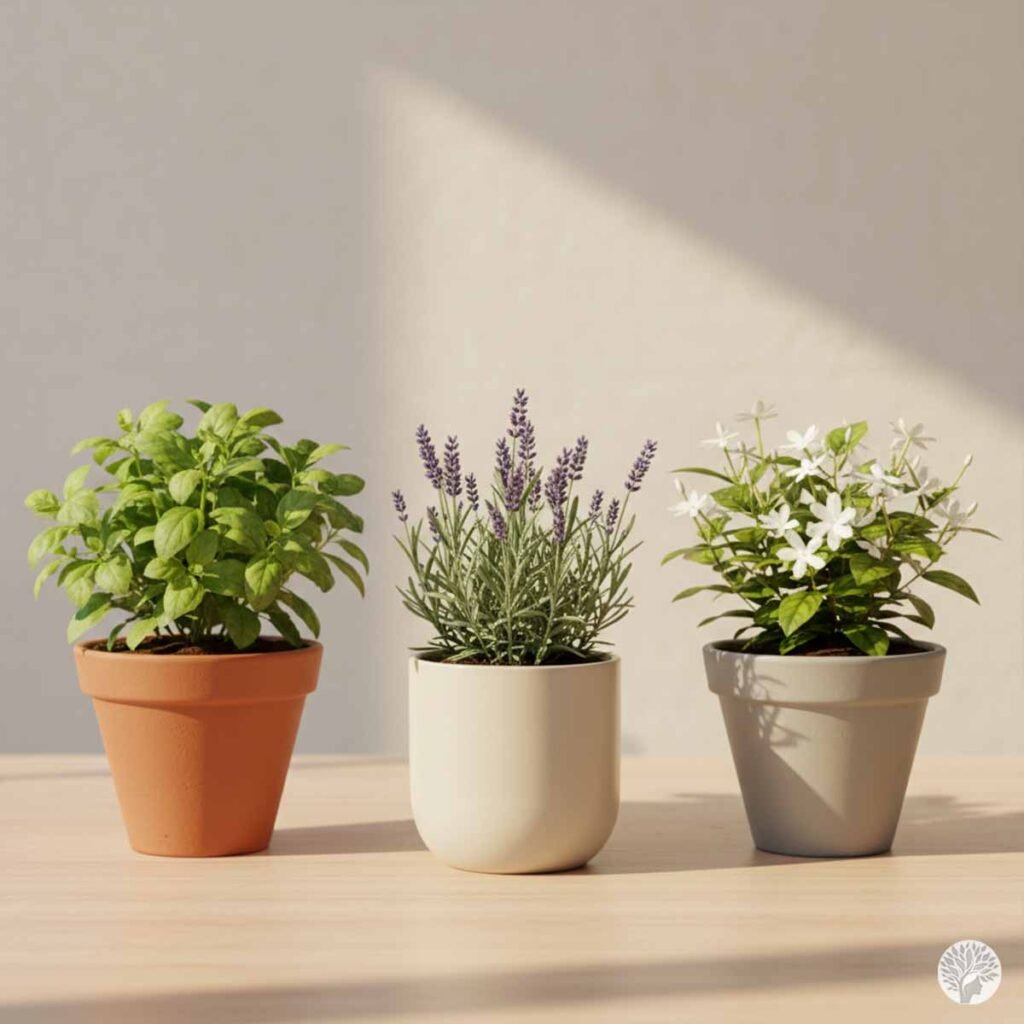 A curated trio of potted meditation plants on a natural wood surface under soft light: a terracotta pot with a bushy green Tulsi (Holy Basil), a minimalist cream pot with flowering purple lavender, and a gray pot with a jasmine plant covered in delicate white flowers.