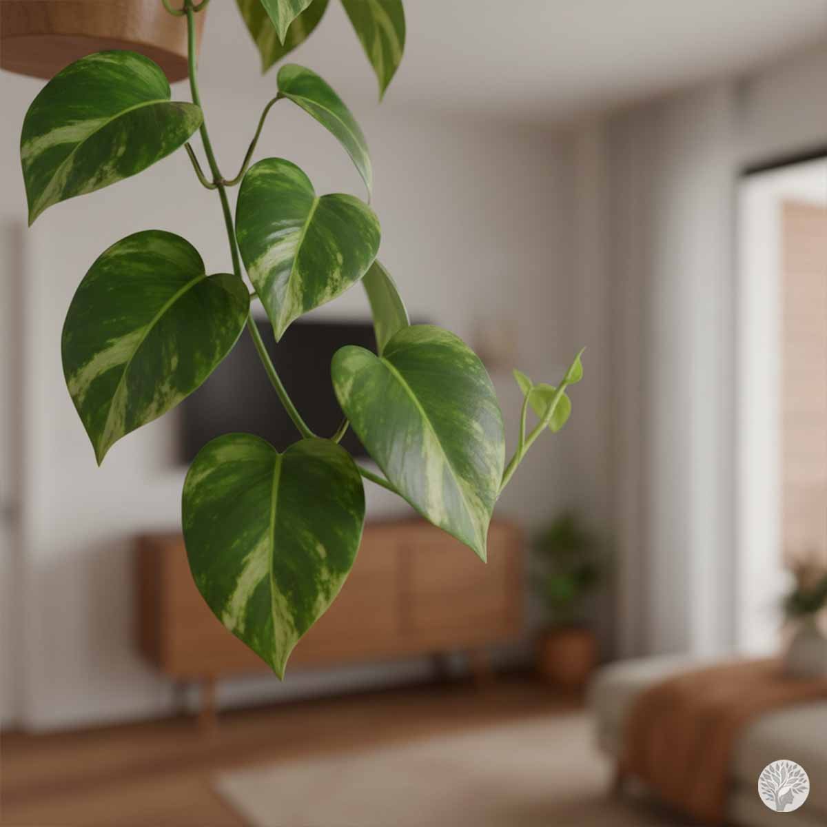 A close-up of heart-shaped Golden Pothos leaves with yellow variegation trailing down in a soft-focus, modern living room with warm wooden furniture.