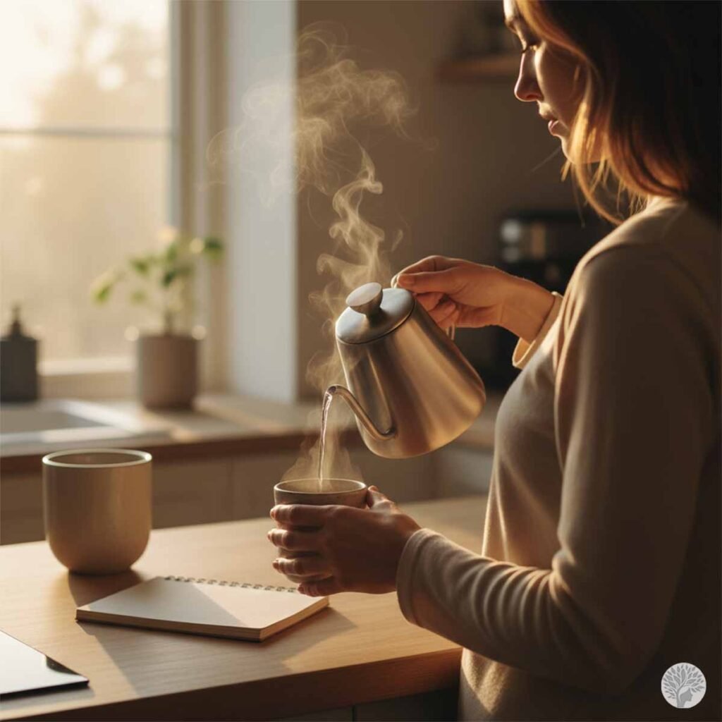 A close-up shot of a woman mindfully pouring steaming hot water from a stainless steel gooseneck kettle into a ceramic mug on a wooden kitchen counter during a morning ritual.