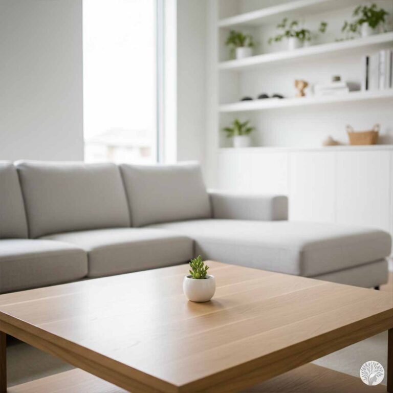 A clear wooden coffee table with a small succulent in a white pot in a bright minimalist living room with a grey sofa and white built-in shelves.