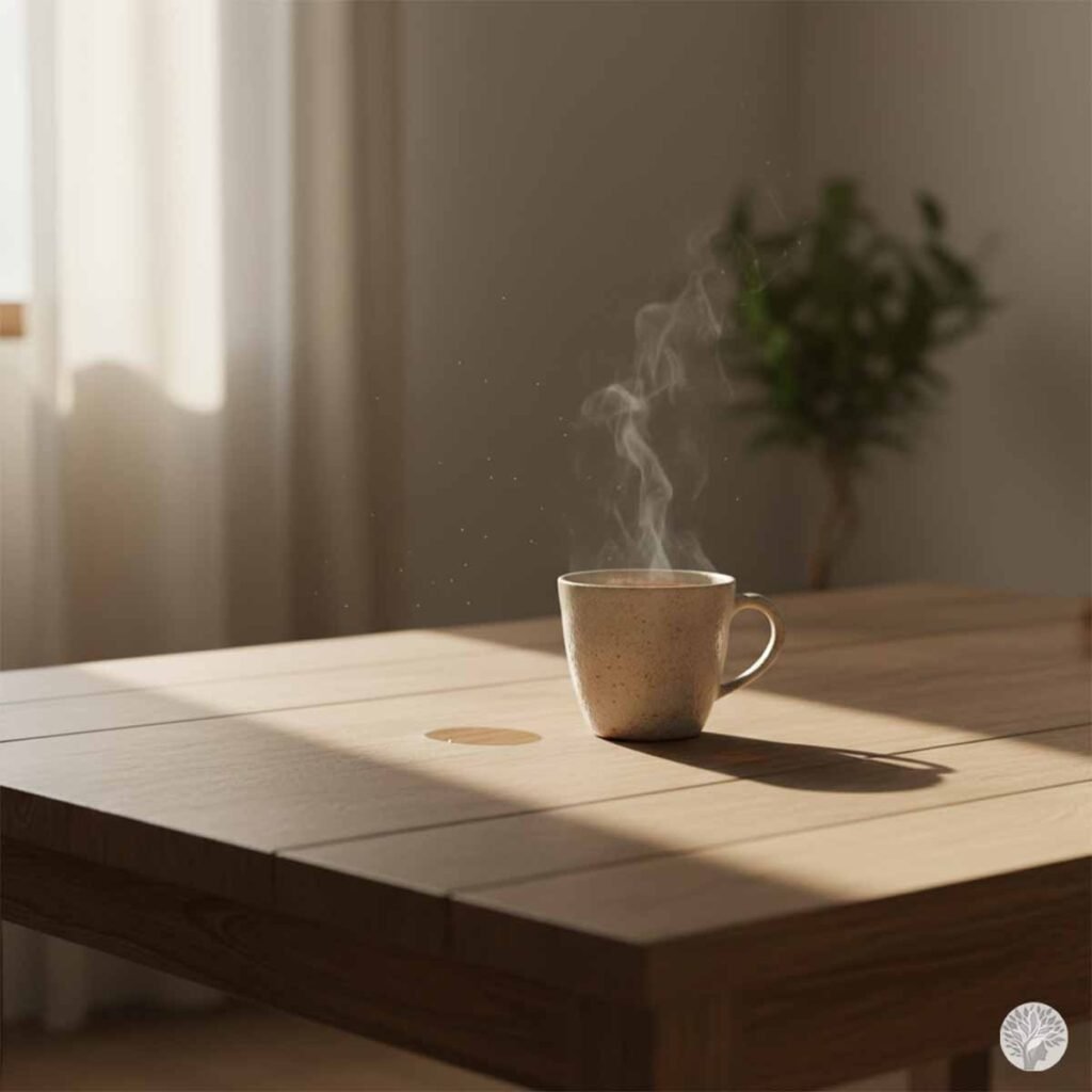 A single ceramic mug of steaming tea sitting on a clean, sunlit wooden table in a minimalist room, representing a quiet morning ritual.