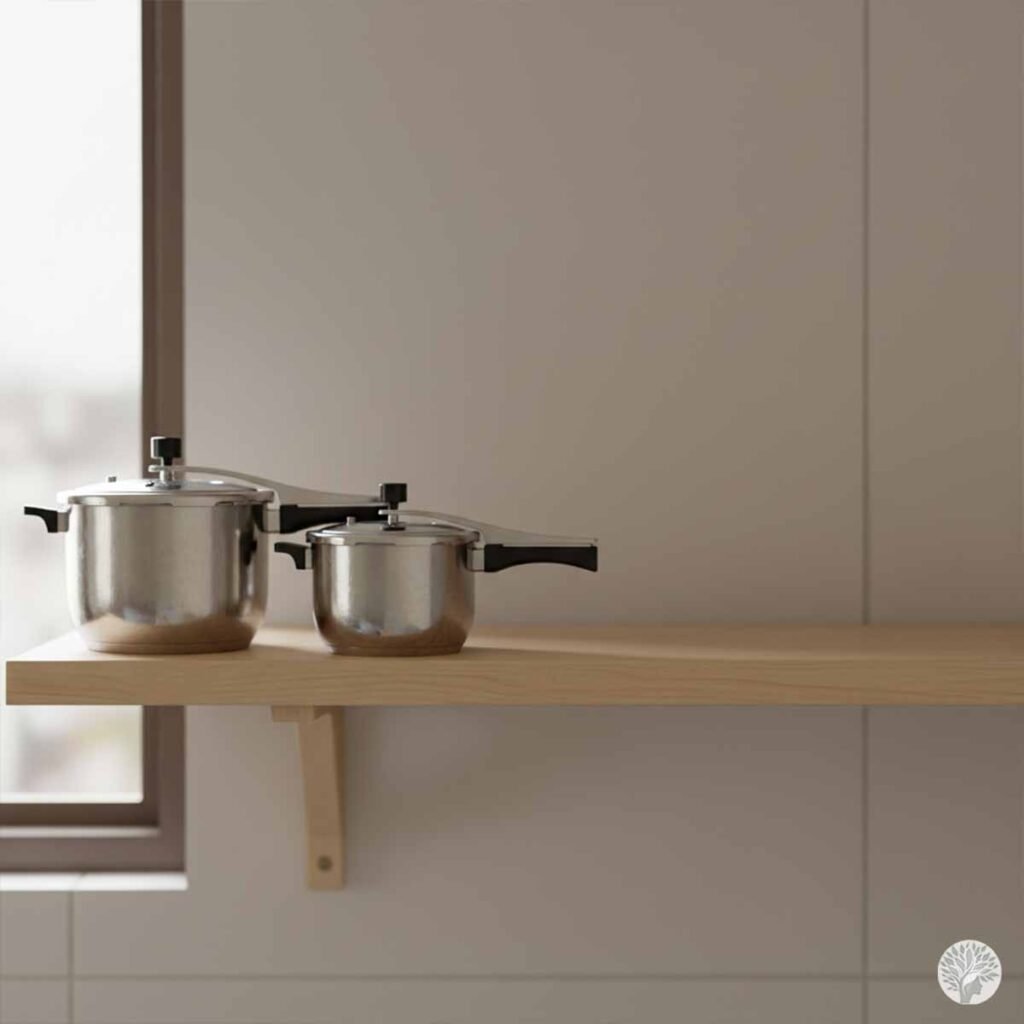 Two stainless steel Indian-style pressure cookers with black handles, a larger one and a smaller one, arranged neatly on a floating wooden kitchen shelf next to a window.