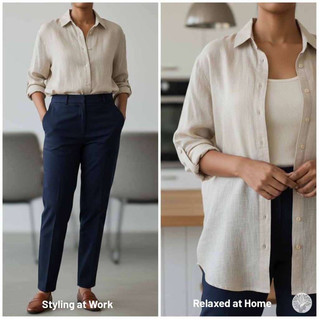 A side by side comparison showing how to style a beige linen button down shirt for work versus home with the left side featuring a tucked professional look and the right side featuring a relaxed open style over a tank top.