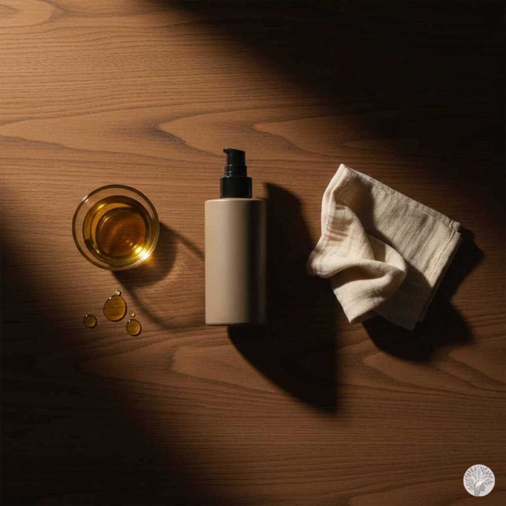 A top-down view of a dark wood surface featuring a small glass bowl of golden facial oil with droplets, a minimalist tan pump bottle, and a soft, crumpled muslin cloth in a warm, low-light setting.