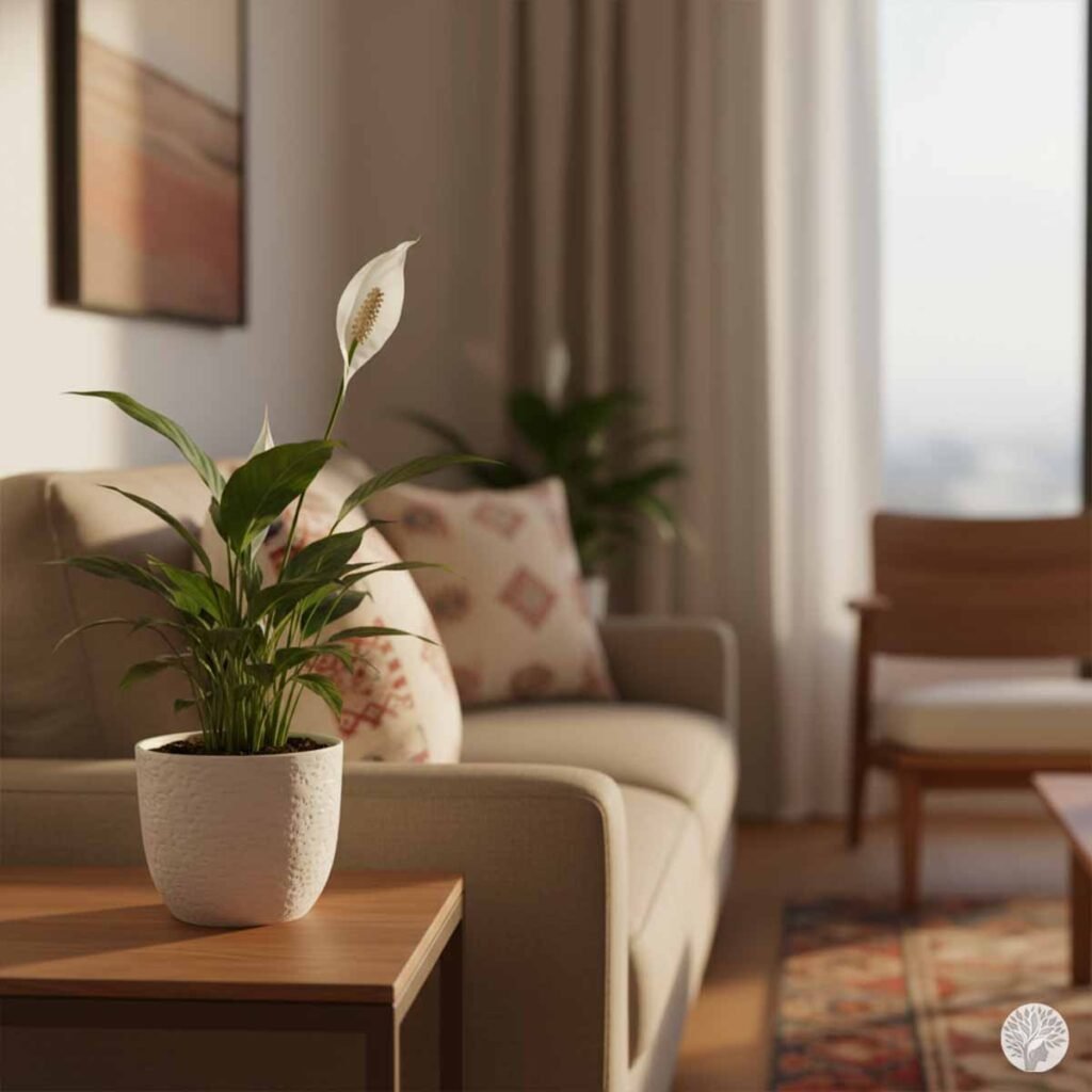 A delicate Peace Lily plant with a single white bloom in a textured white pot, placed on a wooden side table next to a cozy beige sofa in a sunlit, mindful living room.