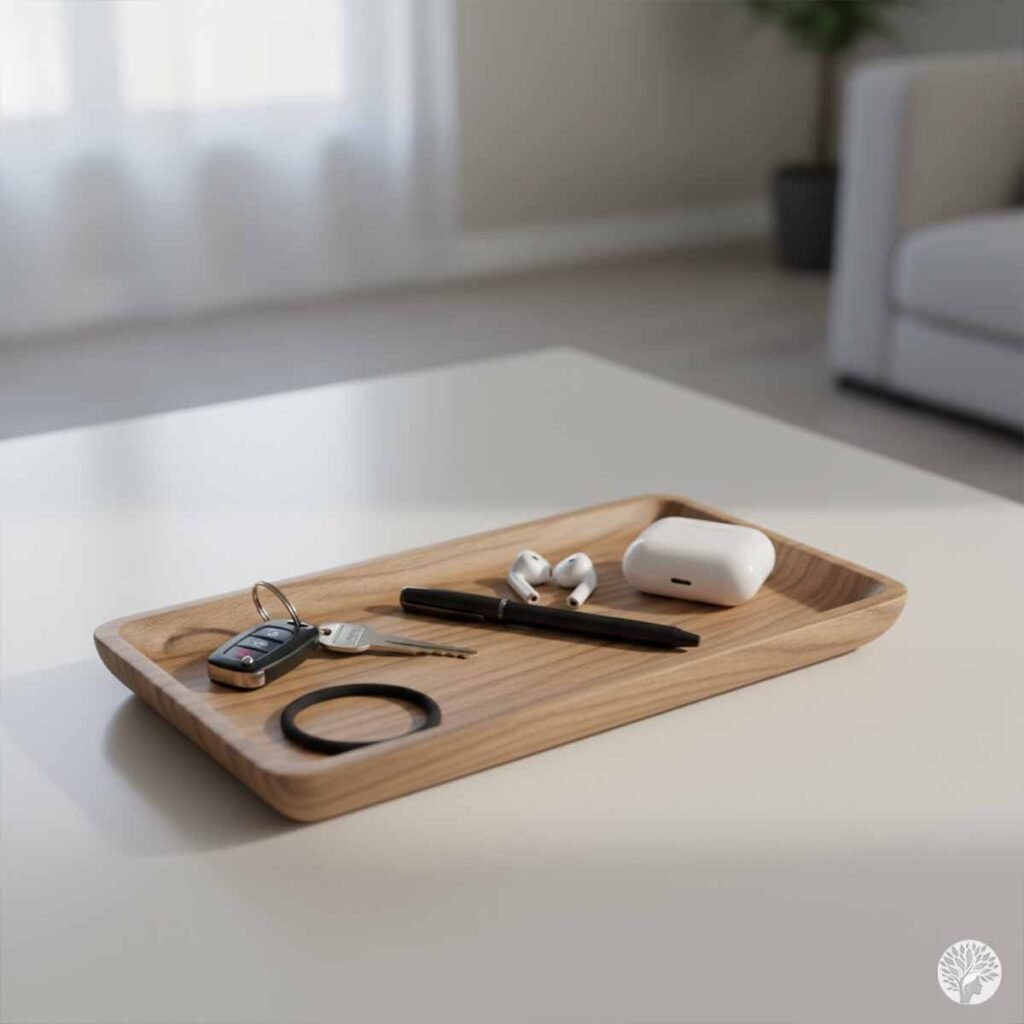 A wooden catch-all tray on a white surface containing car keys, a black pen, wireless earbuds, and a hair tie in a bright minimalist room.