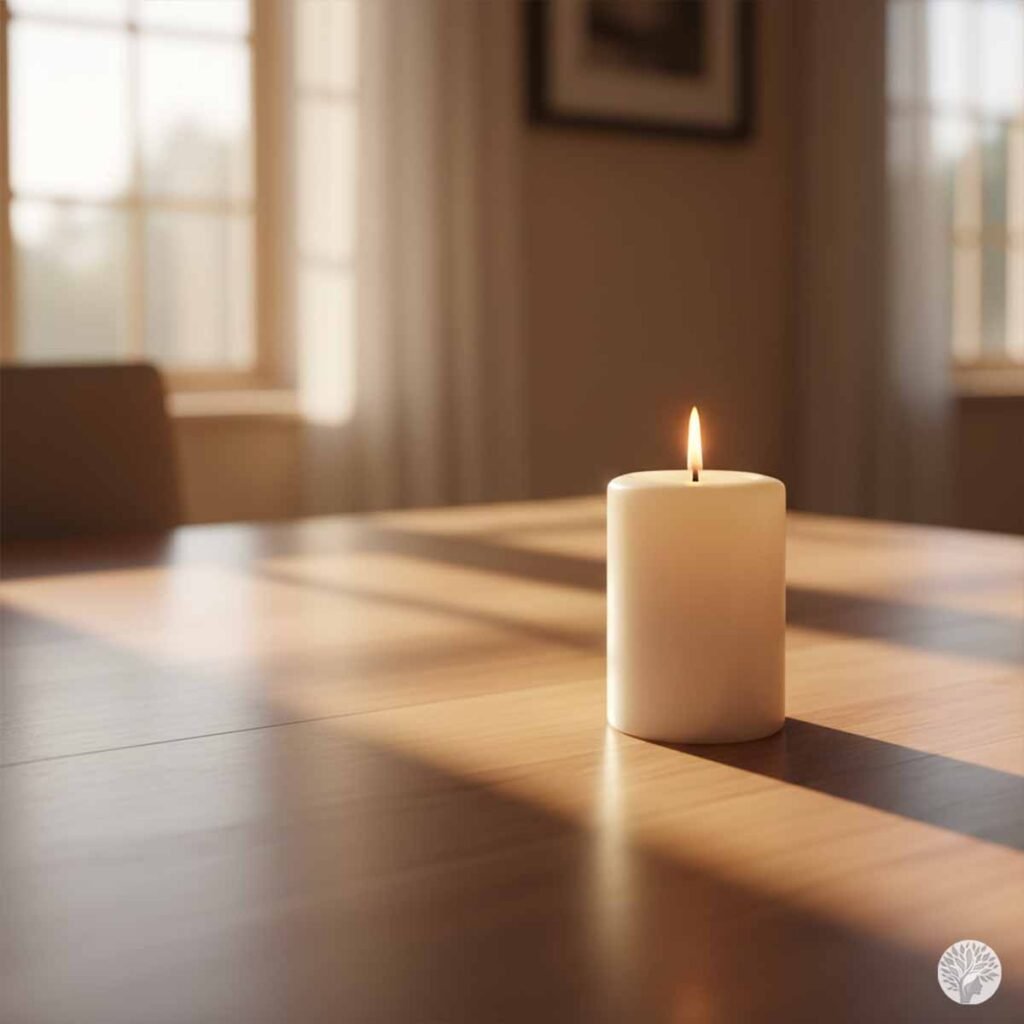 A single white pillar candle burning on a clean wooden table with soft evening sunlight and a tranquil, minimalist background.