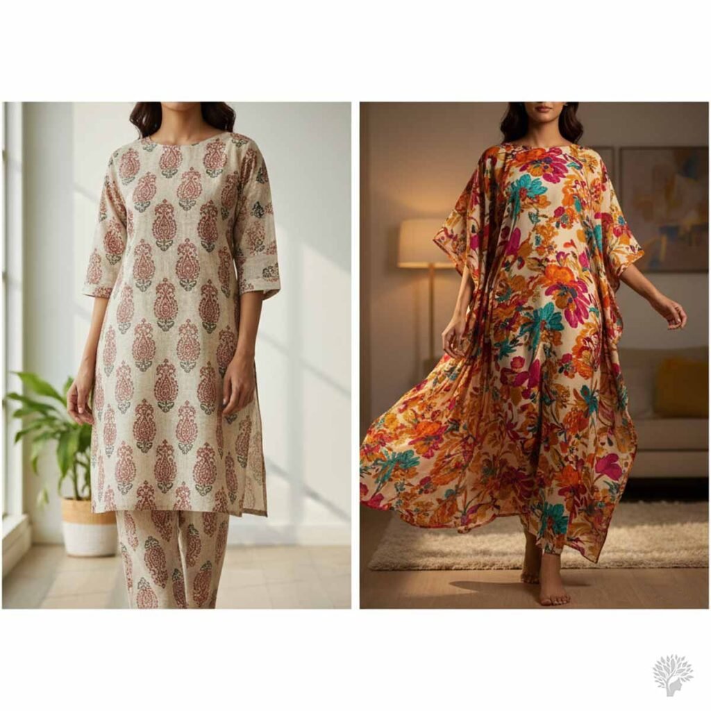 A side by side image displaying traditional hand loomed block print kurta and pants set on the left and a flowing Mediterranean kaftan with a large floral design on the right.