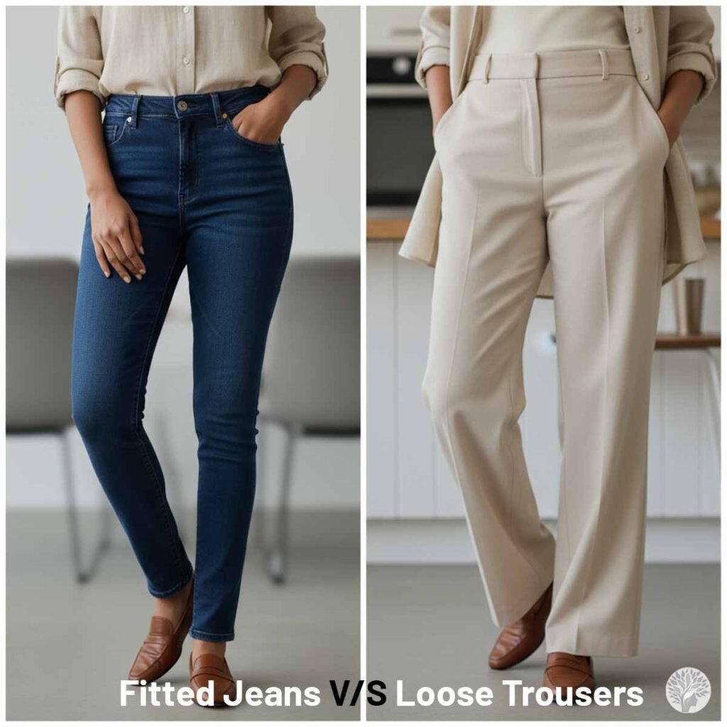 A side by side comparison showing tight dark blue denim skinny jeans on the left and loose cream wide leg organic cotton trousers on the right to demonstrate the shift to comfortable mindfully made clothing.