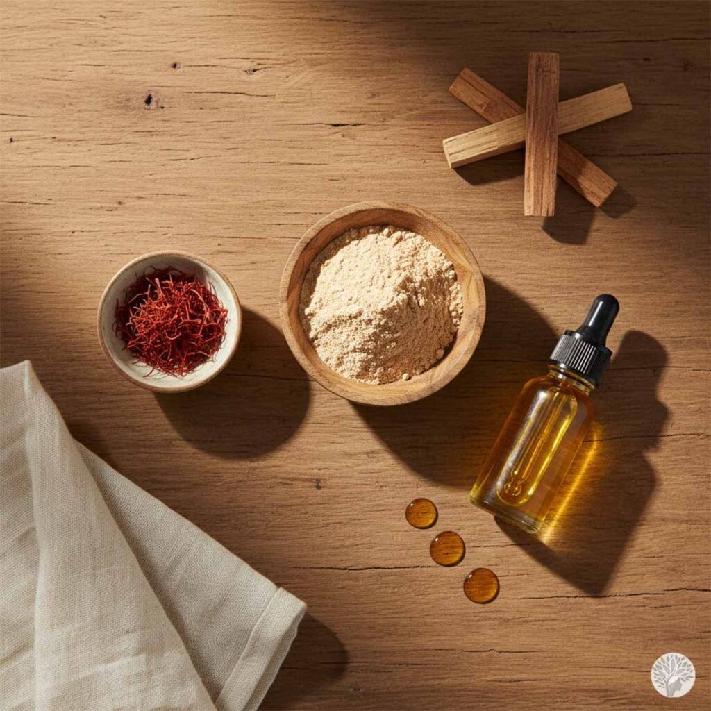 A top-down view on a rustic wooden surface featuring heritage skincare ingredients: a small bowl of vibrant red saffron threads, a wooden bowl of finely ground sandalwood powder, sandalwood sticks, and a glass dropper bottle of golden oil next to a soft linen cloth.