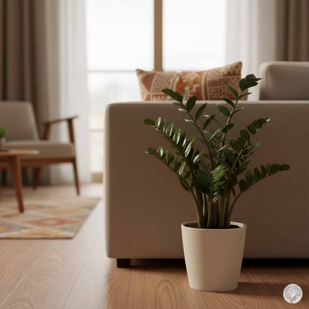 A hardy ZZ Plant with glossy dark green leaves in a white pot, placed on a light wood floor next to a beige sofa in a bright, modern living room.