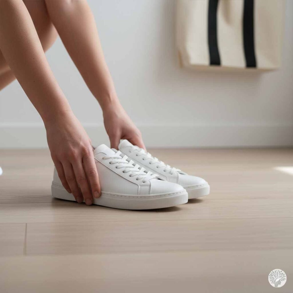 Close up of a mother’s hands straightening a pair of clean white sneakers on a light wood floor in a minimalist entryway.