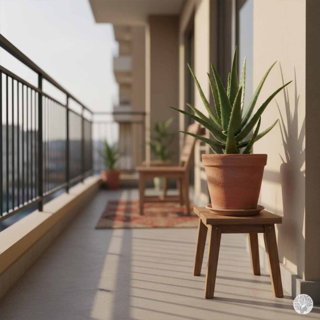A medicinal Aloe Vera plant in a traditional terracotta pot, placed on a wooden stool on a sunlit Indian apartment balcony during golden hour.