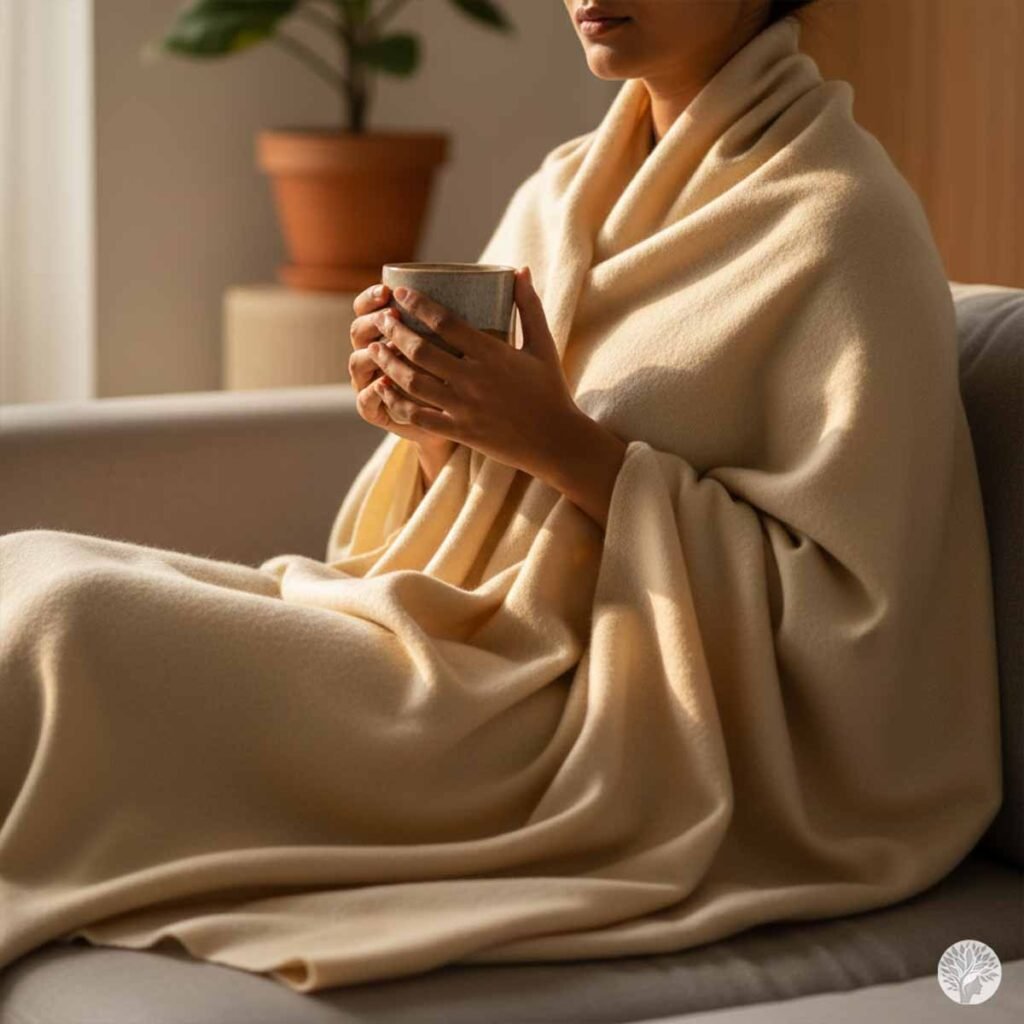 A woman sitting on a sofa wrapped in a soft beige light wool wrap while holding a ceramic cup of coffee in a sunlit home sanctuary.