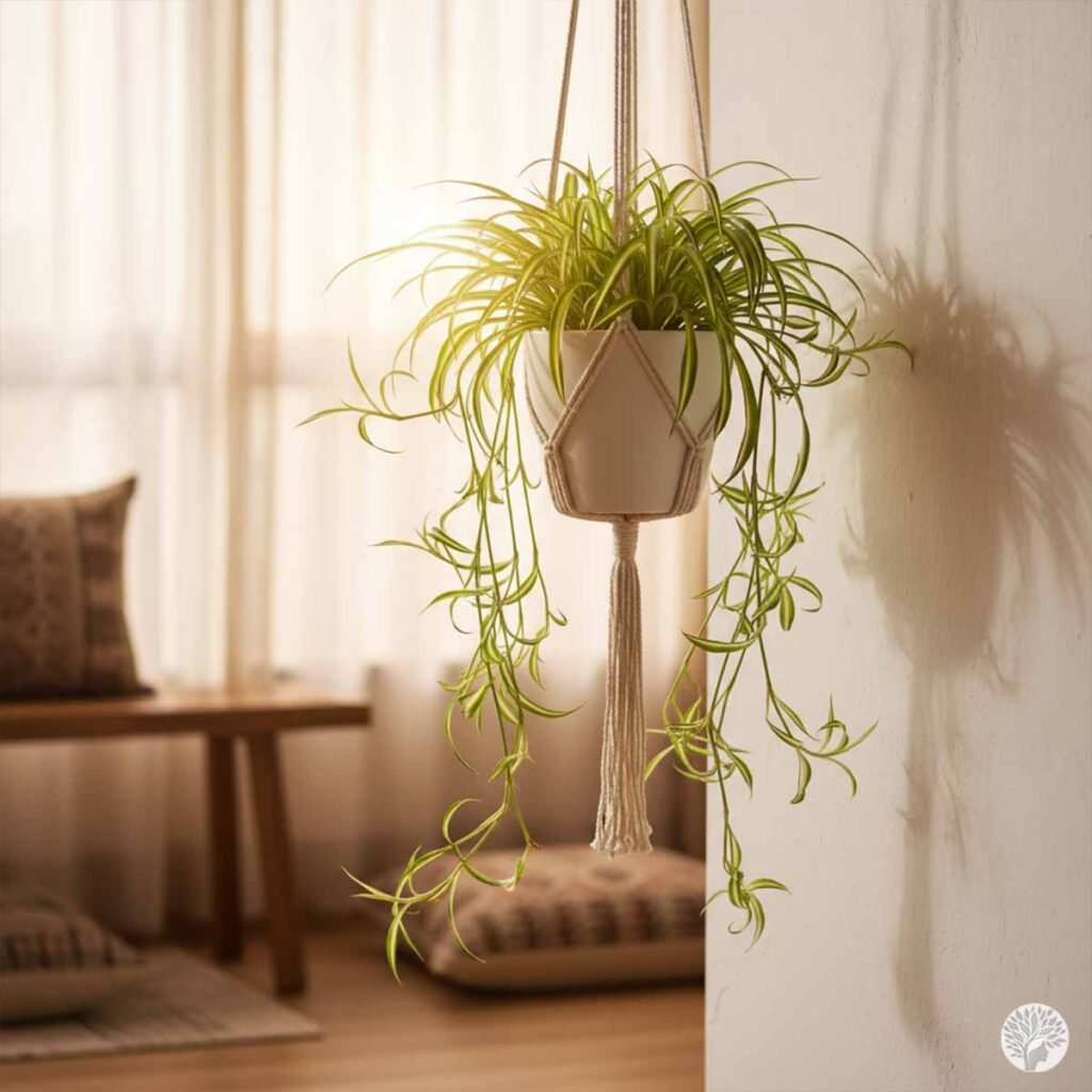 A lush Spider Plant with numerous hanging plantlets in a white pot and macramé hanger, suspended in a warm, sunlit Indian home interior with soft curtains.