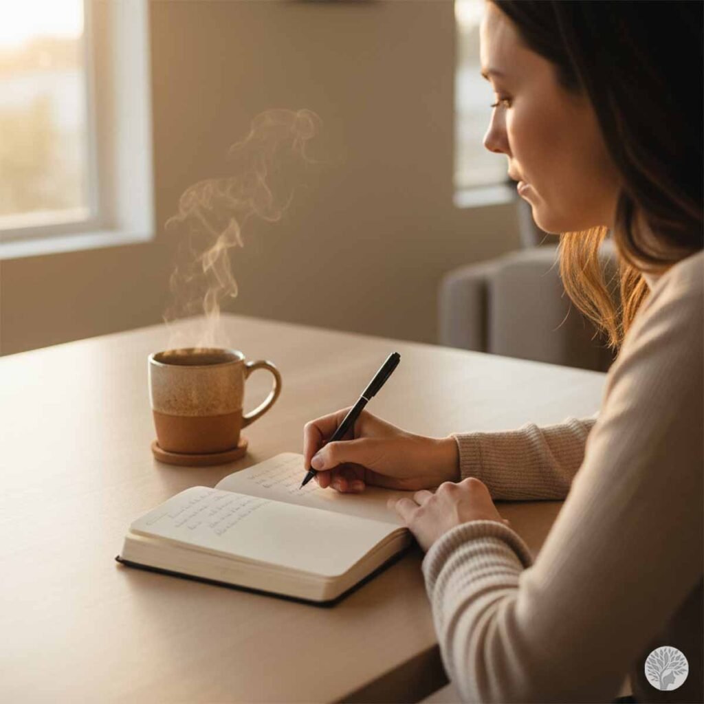 A close-up profile view of a woman writing in an open journal with a black pen at a wooden table, next to a steaming ceramic mug on a coaster during a morning routine.