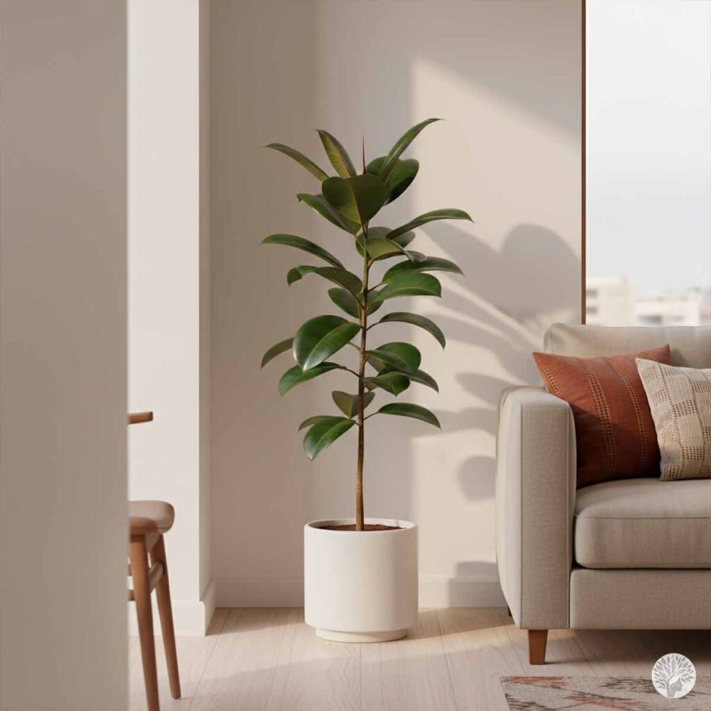 A tall, healthy Rubber Plant in a white cylindrical pot, standing in a sunlit corner of a modern living room next to a beige sofa with earthy-toned cushions.