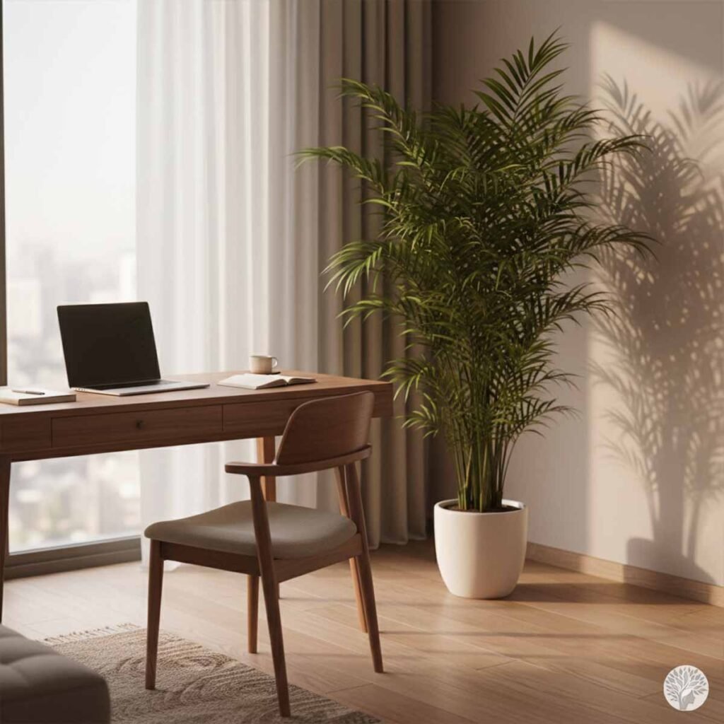 A lush, feathery Bamboo Palm in a white pot placed in a bright study room next to a wooden desk with a laptop, creating a calm and humid workspace.