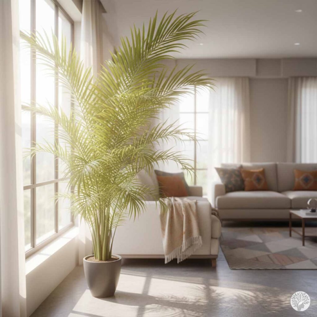 A large, tropical Areca Palm in a dark grey pot standing by a large window with bright sunlight streaming into a modern, neutral-toned living room.