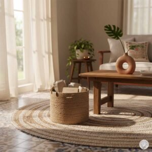 A cozy Indian living room featuring a natural jute storage basket, a handwoven cotton area rug, and a handmade ceramic vase on a wooden coffee table, embodying mindful home design.
