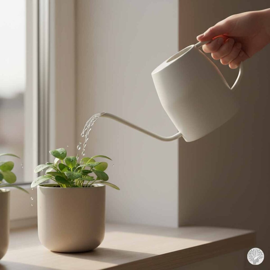 A woman's hand holding a minimalist matte white watering can with a long, thin spout, gently pouring water onto a small green plant on a sunlit windowsill.