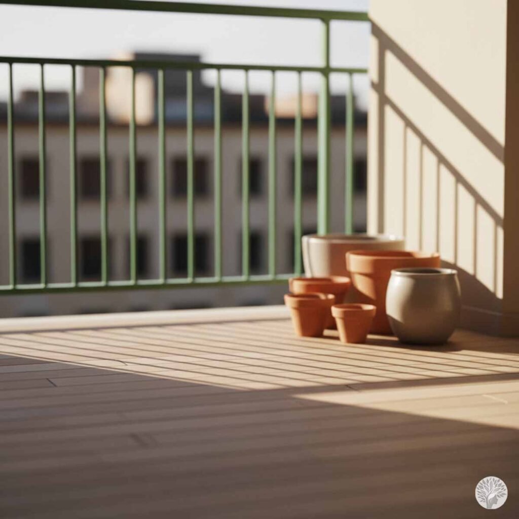 A group of empty terracotta and ceramic pots sitting on a sunlit apartment balcony, showing the play of soft shadows and golden hour light for balcony gardening for beginners.