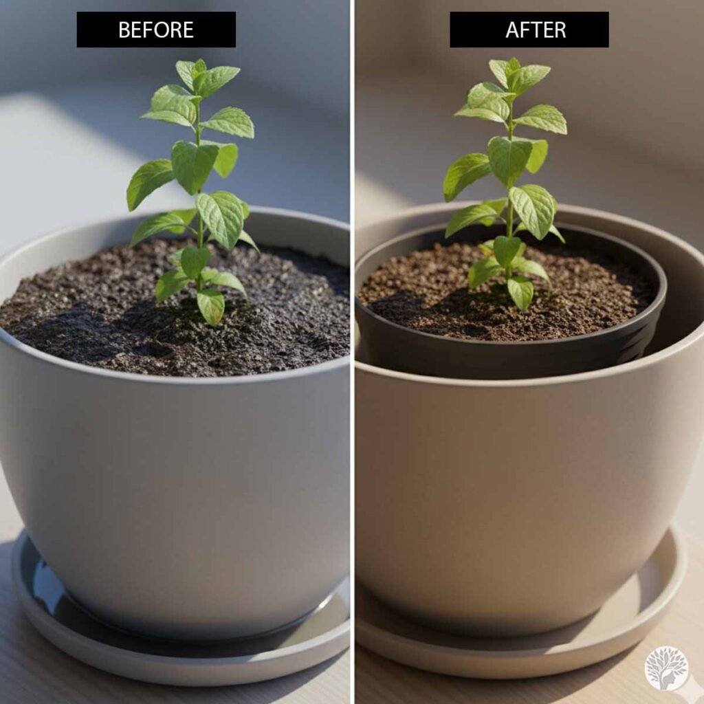 A side-by-side comparison of a mint plant in a pot without drainage showing yellowing leaves (Before) versus a healthy mint plant using a black nursery pot inside a decorative planter (After).