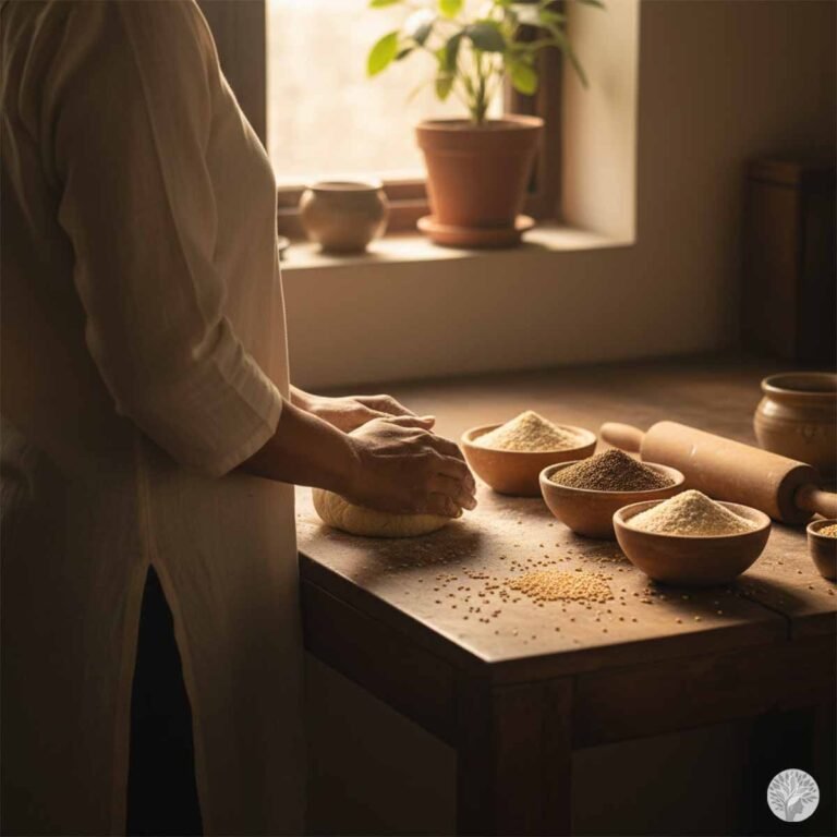 A woman mindfully kneading dough on a wooden kitchen table surrounded by small bowls of various healthy ancestral grains and millets.