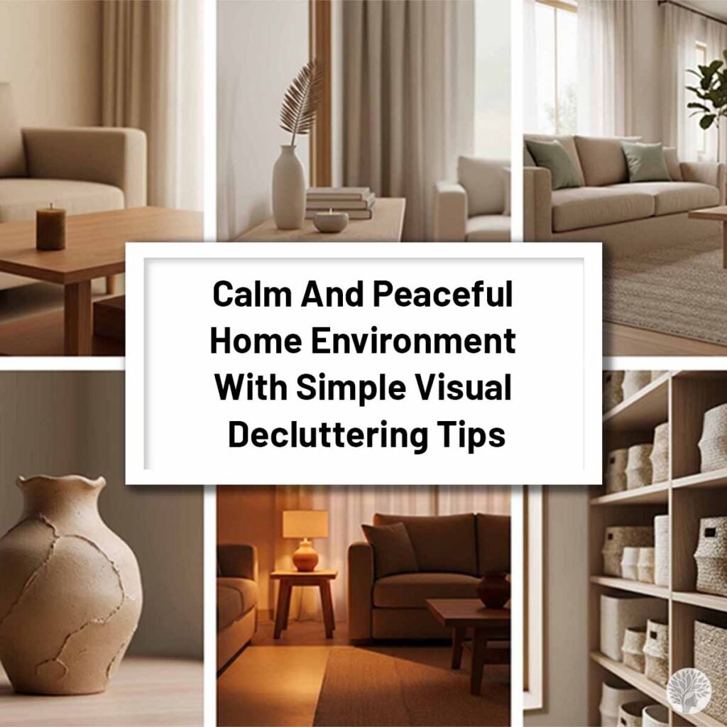 A collage of six minimalist home interior scenes featuring neutral sofas, warm lighting, natural clay vases, and woven storage baskets. A central white text box reads "Calm And Peaceful Home Environment With Simple Visual Decluttering Tips."