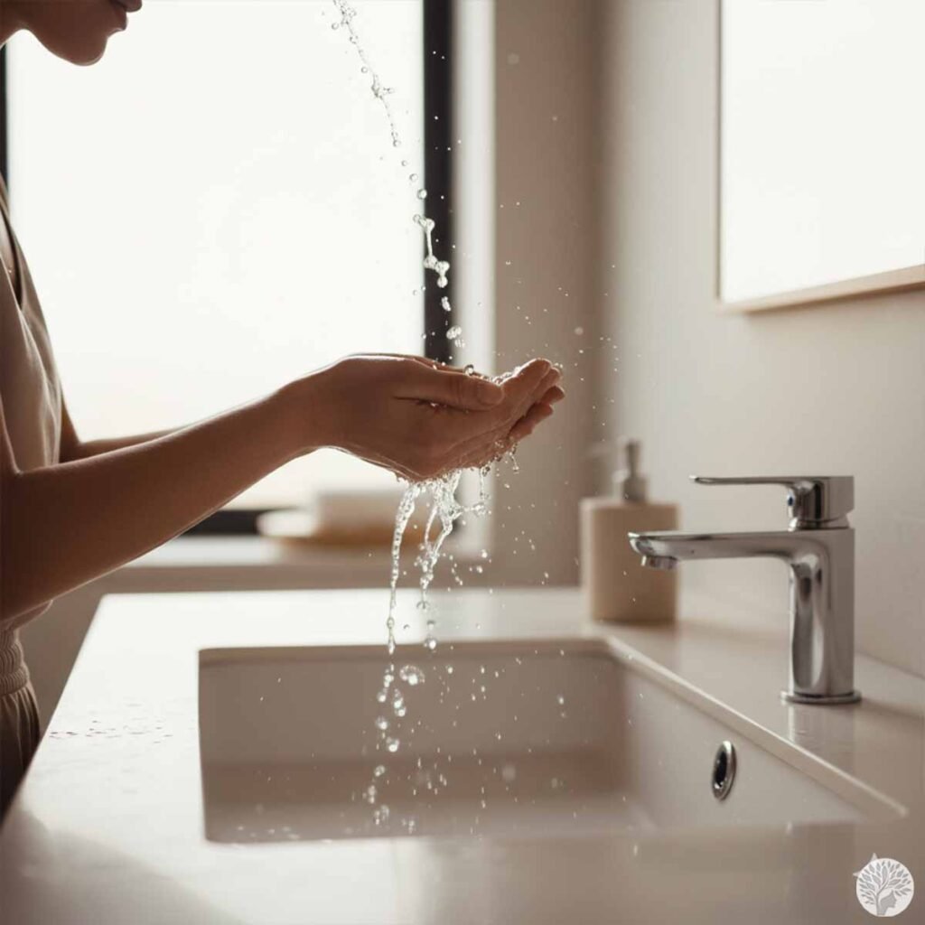 A woman gently splashing water on her face over a minimalist modern bathroom sink during a simple skincare routine for busy moms.