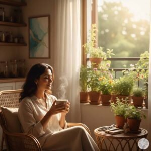 A woman practicing mindful living by drinking tea in a bright, cozy home sanctuary filled with indoor plants.