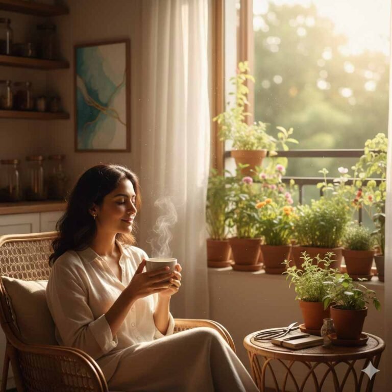 A woman practicing mindful living by drinking tea in a bright, cozy home sanctuary filled with indoor plants.